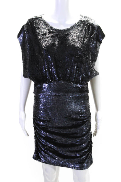 IRO Womens Back Zip Short Sleeve Crew Neck Sequin Dress Navy Blue Size IT 38