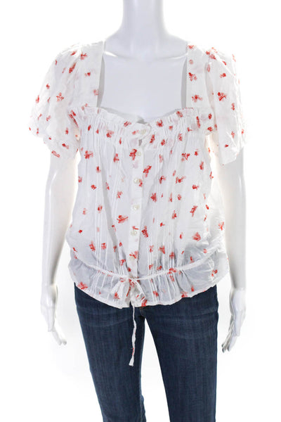 Birds of Paradis Womens Button Front Short Sleeve Floral Blouse White Size Small