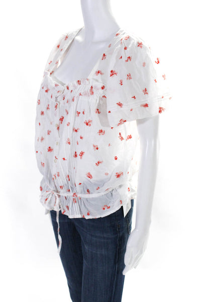 Birds of Paradis Womens Button Front Short Sleeve Floral Blouse White Size Small