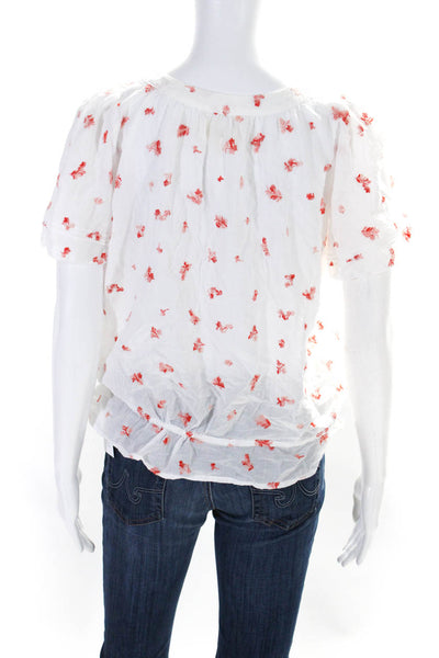 Birds of Paradis Womens Button Front Short Sleeve Floral Blouse White Size Small