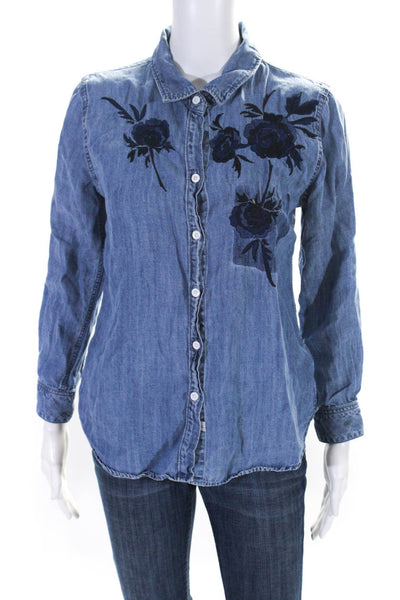 Rails Womens Floral Embroidery Collared Long Sleeve Button Up Shirt Blue Size XS