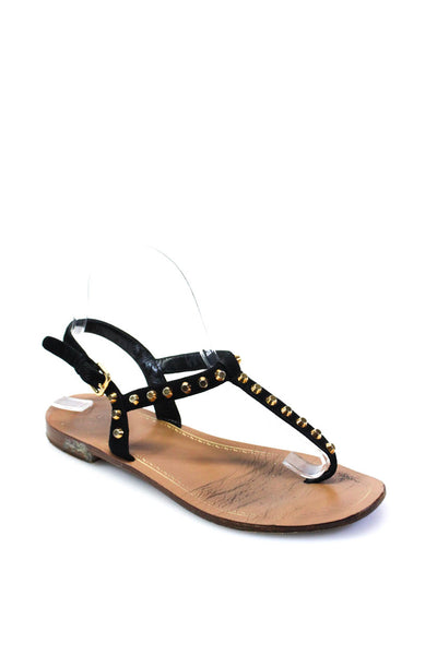 Prada Womens Suede Studded T-Strap Flat Heel Sandals Black Size 7.5US 37.5EU