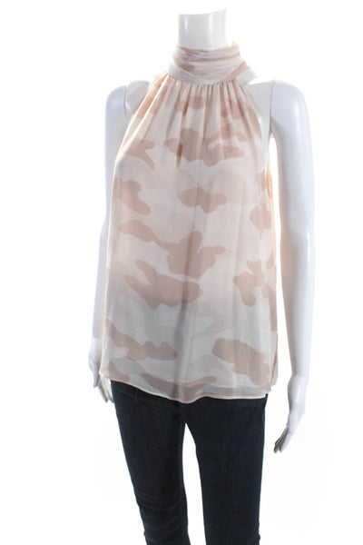 Joie Women's Turtleneck Sleeveless Sheer Blouse Pink Camouflage Size S