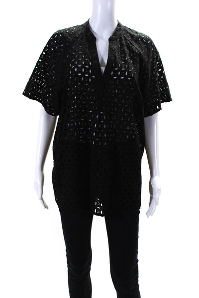 Et Vous Womens Embroidered Eyelet Short Sleeve V Neck Top Blouse Black size 14