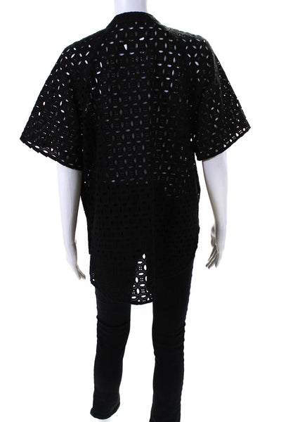 Et Vous Womens Embroidered Eyelet Short Sleeve V Neck Top Blouse Black size 14