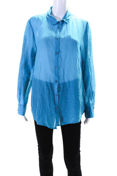 A.D.E.L.E. 1961 Womens Long Sleeve Woven Button Up Shirt Blouse Blue Size Large