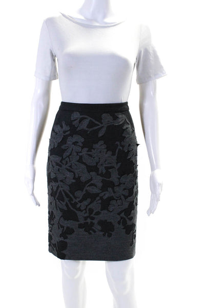 Rena Lange Womens Embroidered Floral Applique Knee Length Pencil Skirt Gray Sz 8