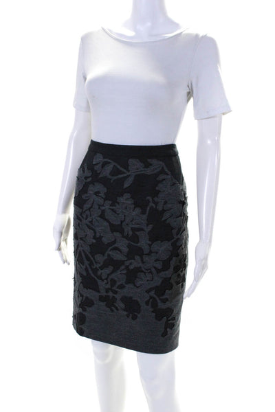 Rena Lange Womens Embroidered Floral Applique Knee Length Pencil Skirt Gray Sz 8