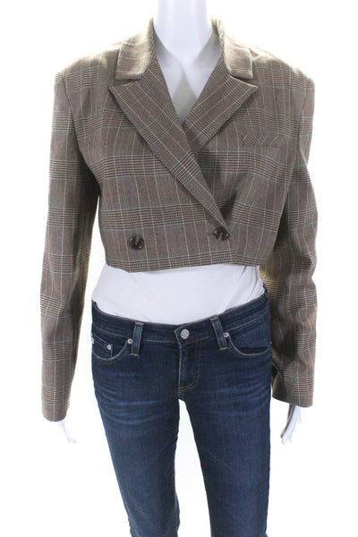 The Westside Womens Houndstooth Double Breasted Cropped Blazer Brown Size S