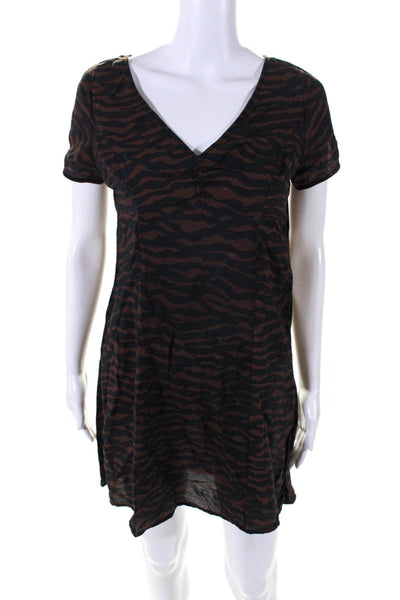 Madewell Womens Tiger Stripe Short Sleeve V Neck Sheath Dress Brown Black Size 4