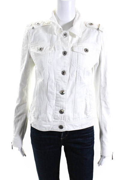 BCBGMAXAZRIA Women's Collared Long Sleeves Button Up Denim Jacket White Size S