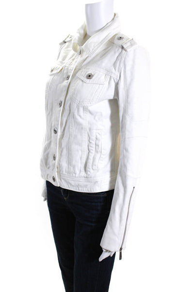 BCBGMAXAZRIA Women's Collared Long Sleeves Button Up Denim Jacket White Size S