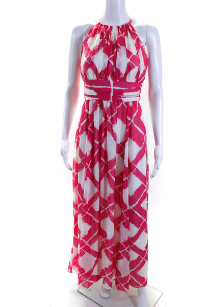 Maggy London Women's Halter Sleeveless Flare Maxi Dress Pink White Size 4