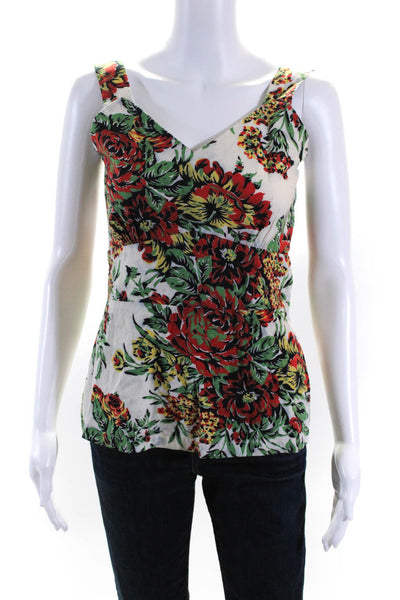 Norma Kamali Womens Floral Print V-Neck Zipped Sleeveless Blouse Beige Size 10