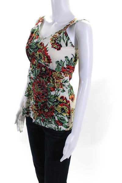 Norma Kamali Womens Floral Print V-Neck Zipped Sleeveless Blouse Beige Size 10