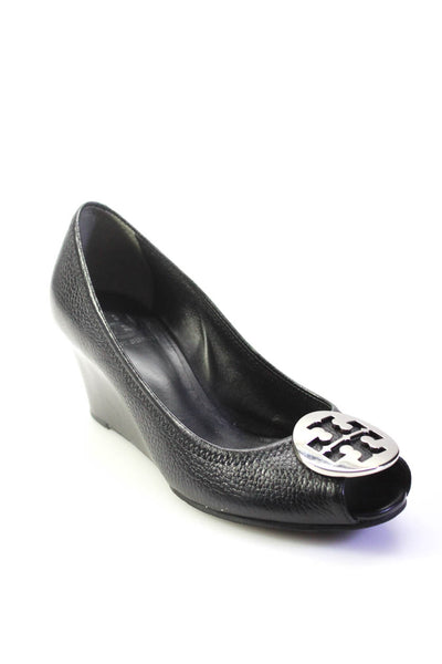Tory Burch Womens Reva Logo Peep Toe Slip On Wedge Pumps Black Size 8