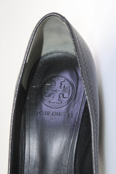 Tory Burch Womens Reva Logo Peep Toe Slip On Wedge Pumps Black Size 8