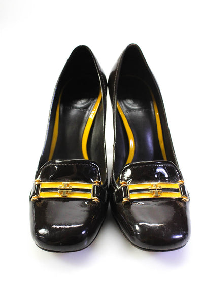 Tory Burch Womens Logo Detail Slip On Pumps Brown Yellow Patent Leather Size 8