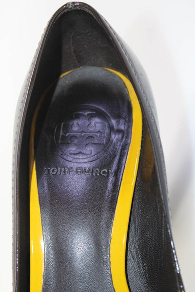 Tory Burch Womens Logo Detail Slip On Pumps Brown Yellow Patent Leather Size 8