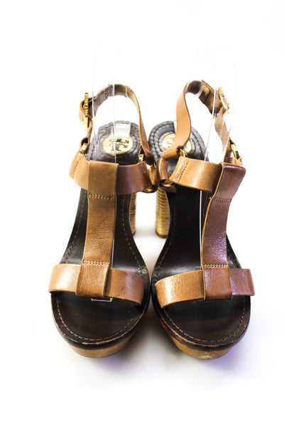 Tory Burch Womens Wicker Heel Ankle Strap Sandals Brown Leather Size 8.5