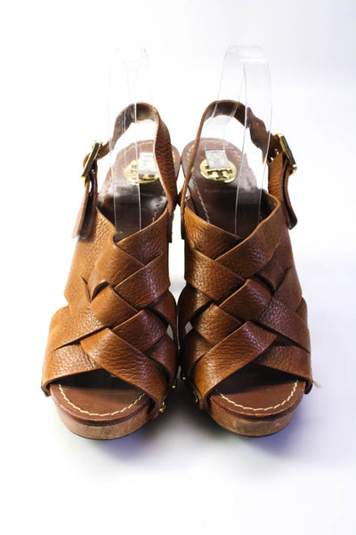 Tory Burch Womens Leather Lattice Wooden Heel Slingback Sandals Tan Size 9