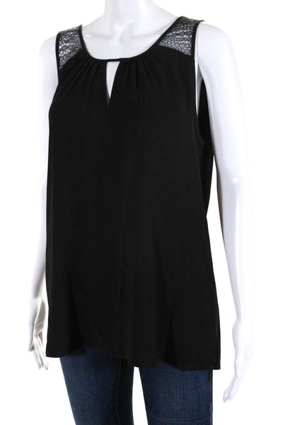 Ramy Brook Women's Round Neck Sleeveless Lace Trim Blouse Black Size L