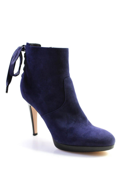 Gianvito Rossi Women's Round Toe Stiletto Suede Lace Up Ankle Boot Blue Size 9