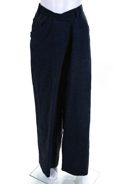 Adeam Women's Hook Closure Pockets Wide Leg Linen Pant Navy Blue Size 6