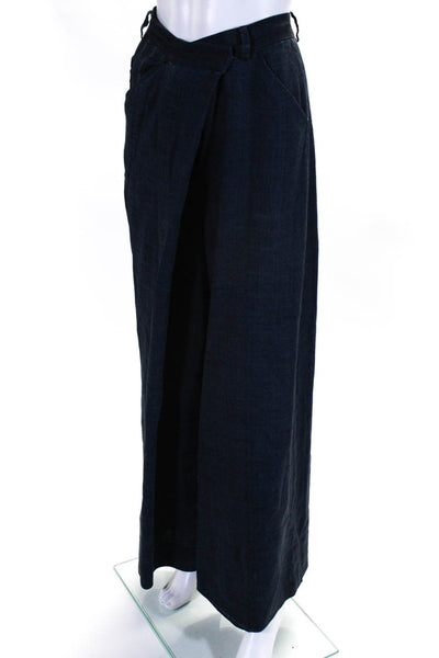 Adeam Women's Hook Closure Pockets Wide Leg Linen Pant Navy Blue Size 6