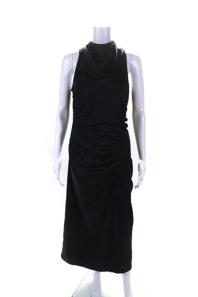 Parker Womens Zipped Halter Ruched Side Slit Sleeveless Maxi Gown Navy Size 6