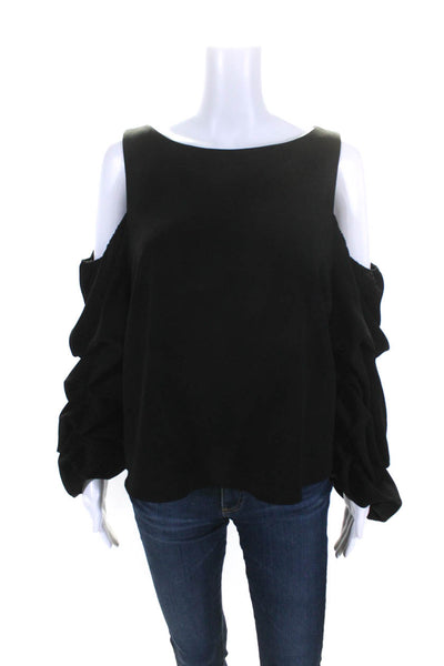 Alice + Olivia Womens Round Neck Cold Shoulder Puff Sleeves Blouse Black Size 10