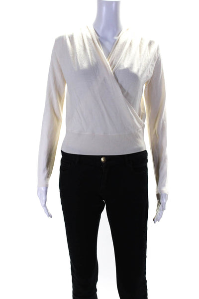 Allude Womens Long Sleeve V Neck Faux Wrap Sweatshirt White Wool Size Small