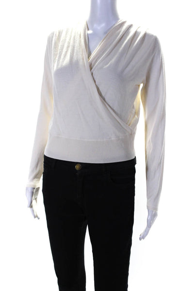 Allude Womens Long Sleeve V Neck Faux Wrap Sweatshirt White Wool Size Small