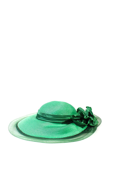 Jody G. For Sylvia Womens Vintage Ruffle Mesh Trim Raffia Wide Brim Hat Green OS