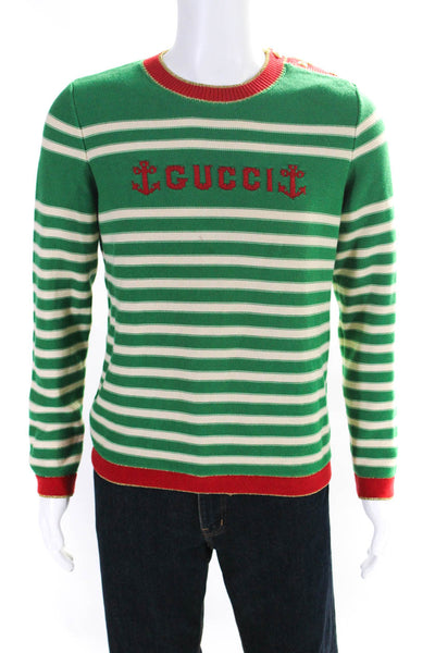 Gucci Mens Striped Crew Neck Long Sleeves Sweater  Green White Size Small