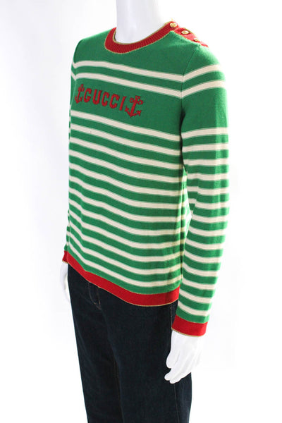 Gucci Mens Striped Crew Neck Long Sleeves Sweater  Green White Size Small