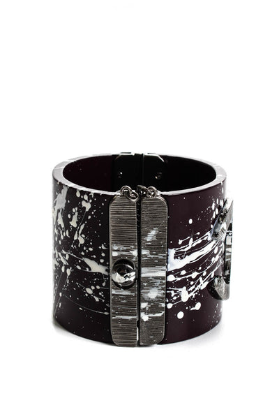 Chanel Women's Resin Purple White Paint Splatter Graffiti Silver Tone Logo Cuff