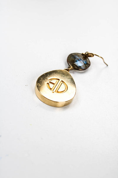 Designer Women's Gold Tone Leather Labradorite Drop Dangle Earrings 2 3/4"