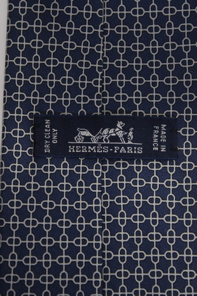 Hermes Mens Interlocking Geometric Print Skinny Silk Tie Blue