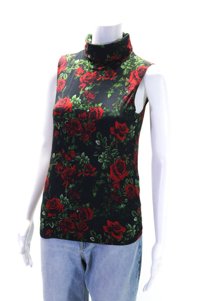 L Agence Womens Sleeveless Rose Printed Turtleneck Sweater Black Red Size XS