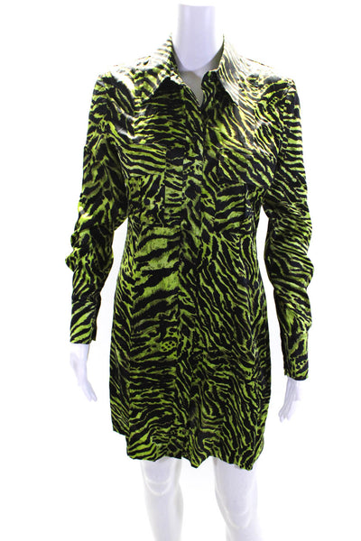 Ganni Womens Animal Print Satin Long Sleeve Mini Shirt Dress Black Green FR 36