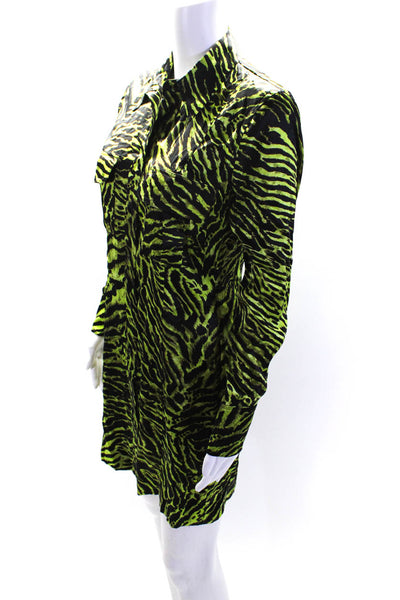 Ganni Womens Animal Print Satin Long Sleeve Mini Shirt Dress Black Green FR 36