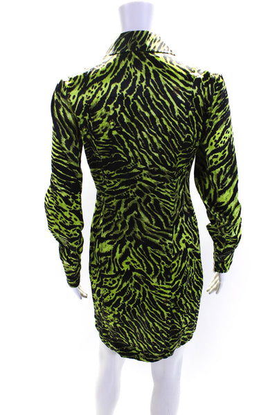 Ganni Womens Animal Print Satin Long Sleeve Mini Shirt Dress Black Green FR 36