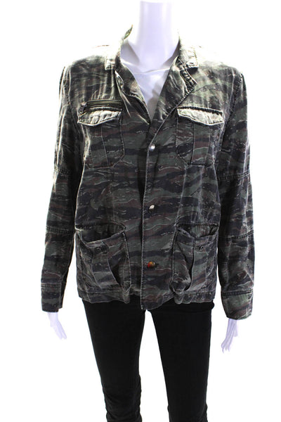 Pam & Gela Womens Camouflage Twill Collared Jacket Brown Green Size Small