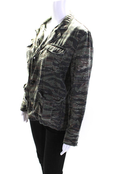 Pam & Gela Womens Camouflage Twill Collared Jacket Brown Green Size Small