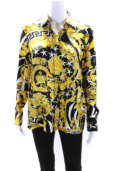 Versace Womens Long Sleeve Rococo Satin Button Up Top Blouse Black Gold IT 38