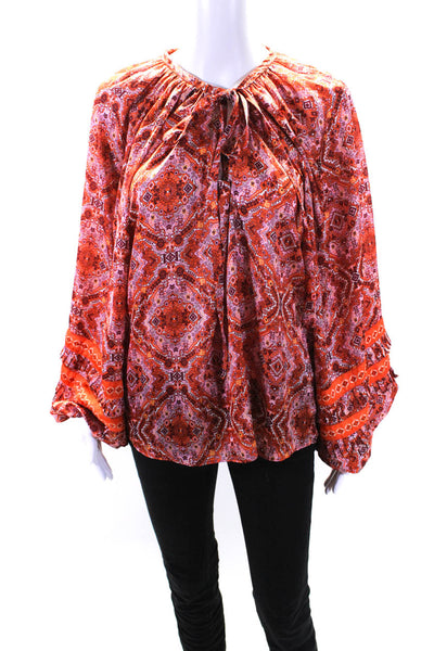 Ramy Brook Womens Geometric Mandala Satin Puff Sleeve Top Blouse Orange Medium