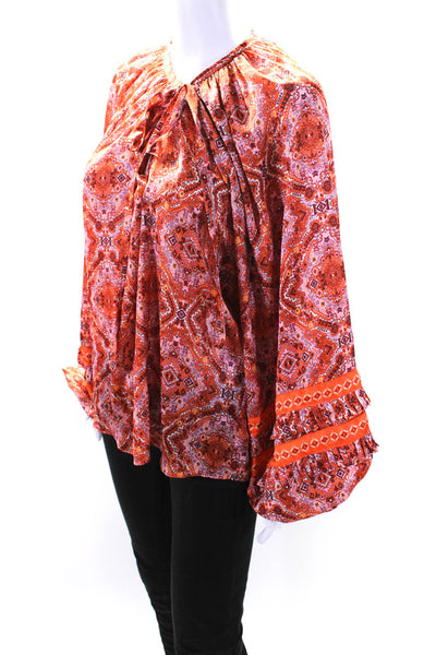 Ramy Brook Womens Geometric Mandala Satin Puff Sleeve Top Blouse Orange Medium