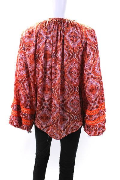 Ramy Brook Womens Geometric Mandala Satin Puff Sleeve Top Blouse Orange Medium