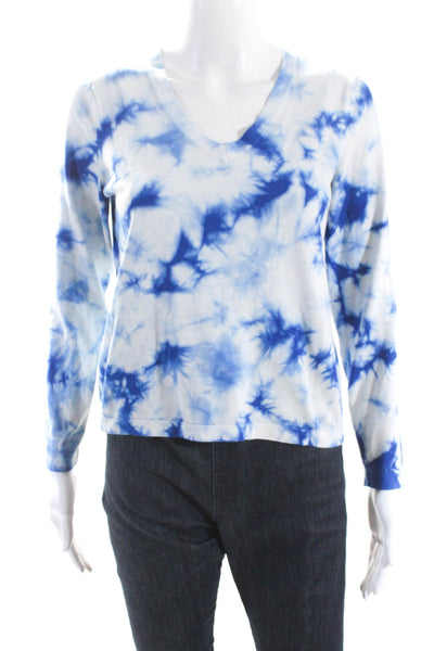 Minnie Rose Womens Pullover V Neck Tie Dyed Sweater White Blue Size Large